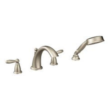Load image into Gallery viewer, Moen T924 Brantford Two Handle Low Arc Roman Tub Faucet Includes Hand Shower in Brushed Nickel

