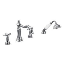 Load image into Gallery viewer, Moen TS21102 Weymouth Two Handle Diverter Roman Tub Faucet Includes Hand Shower in Chrome
