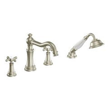 Load image into Gallery viewer, Moen TS21102 Weymouth Two Handle Diverter Roman Tub Faucet Includes Hand Shower in Brushed Nickel
