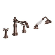 Load image into Gallery viewer, Moen TS21102 Weymouth Two Handle Diverter Roman Tub Faucet Includes Hand Shower in Oil Rubbed Bronze
