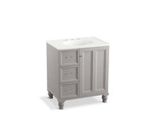 Load image into Gallery viewer, KOHLER K-99517-LGL-1WT Damask 30&amp;quot; bathroom vanity cabinet with furniture legs, 1 door and 3 drawers on left

