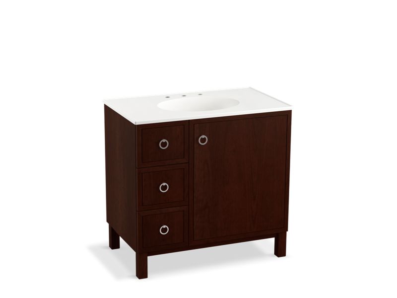 KOHLER K-99507-LGL-1WG Jacquard 36" bathroom vanity cabinet with furniture legs, 1 door and 3 drawers on left