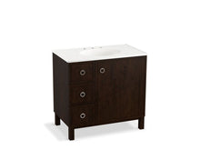Load image into Gallery viewer, KOHLER K-99507-LGL-1WB Jacquard 36&amp;quot; bathroom vanity cabinet with furniture legs, 1 door and 3 drawers on left
