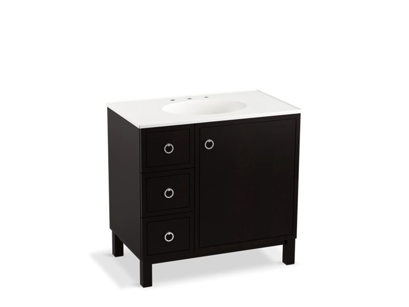 KOHLER K-99507-LGL-1WU Jacquard 36" bathroom vanity cabinet with furniture legs, 1 door and 3 drawers on left