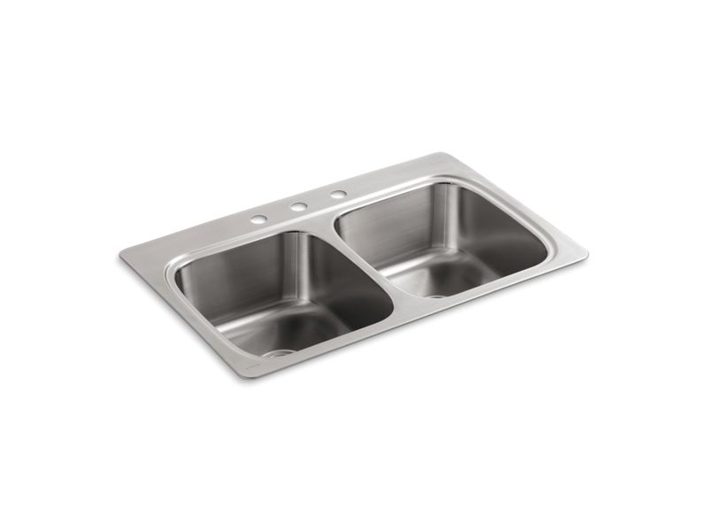 KOHLER K-5267-3 Verse 33" x 22" x 9-1/4" top-mount double-equal bowl kitchen sink with 3 faucet holes