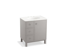 Load image into Gallery viewer, KOHLER K-99504-LGL-1WT Jacquard 30&amp;quot; bathroom vanity cabinet with furniture legs, 1 door and 3 drawers on left
