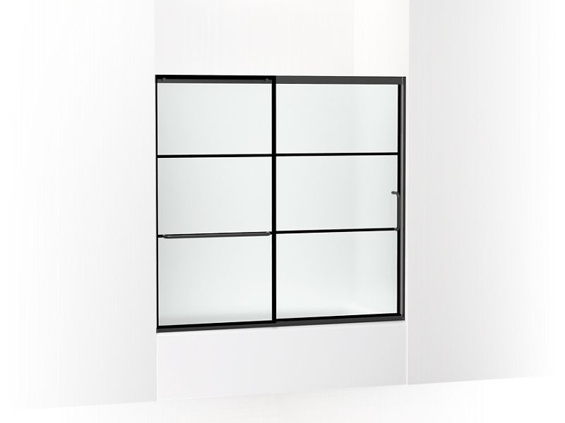 KOHLER K-707618-8G80 Elate Sliding bath door, 56-3/4" H x 56-1/4 - 59-5/8" W with heavy 5/16" thick Frosted glass with rectangular grille pattern