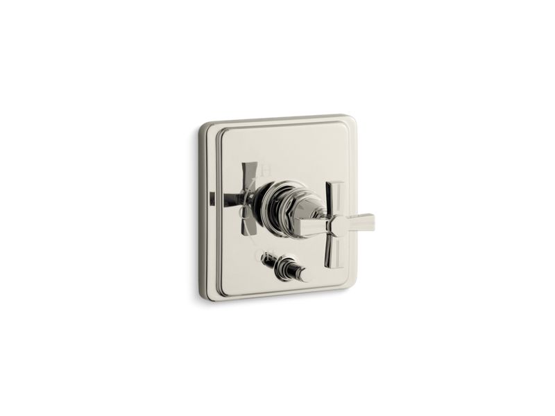 KOHLER T98757-3B-SN Pinstripe Rite-Temp(R) Pressure-Balancing Valve Trim With Diverter And Grooved Cross Handle, Valve Not Included in Vibrant Polished Nickel