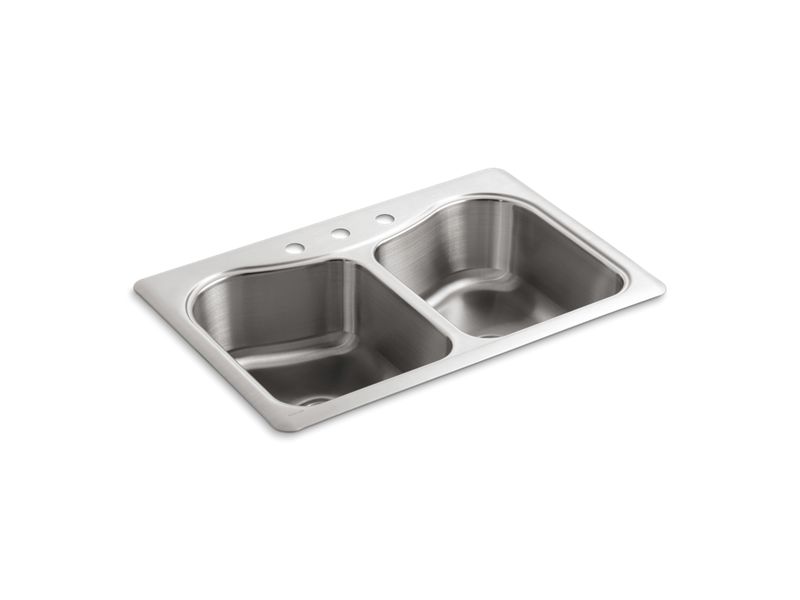 KOHLER K-3369-3 Staccato 33" x 22" x 8-5/16" top-mount double-equal bowl kitchen sink with 3 faucet holes