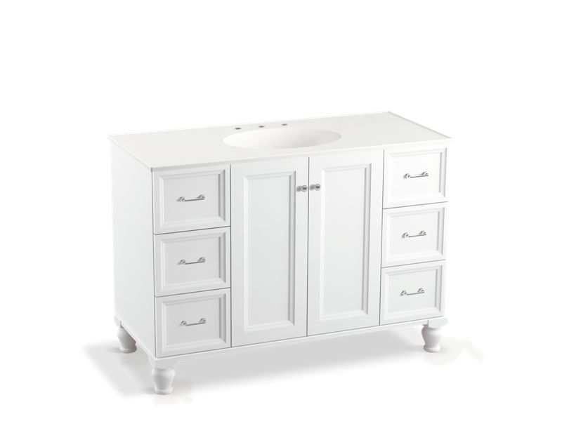 KOHLER K-99522-LGSD-1WA Damask 48" bathroom vanity cabinet with furniture legs, 2 doors and 6 drawers, split top drawers