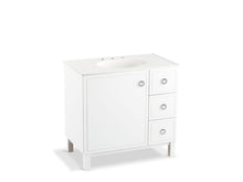Load image into Gallery viewer, KOHLER K-99507-LGR-1WA Jacquard 36&amp;quot; bathroom vanity cabinet with furniture legs, 1 door and 3 drawers on right
