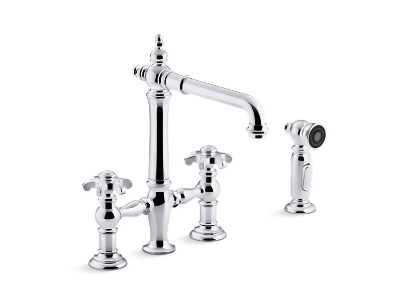 KOHLER K-76519-3M Artifacts deck-mount bridge kitchen sink faucet with prong handles and sidespray