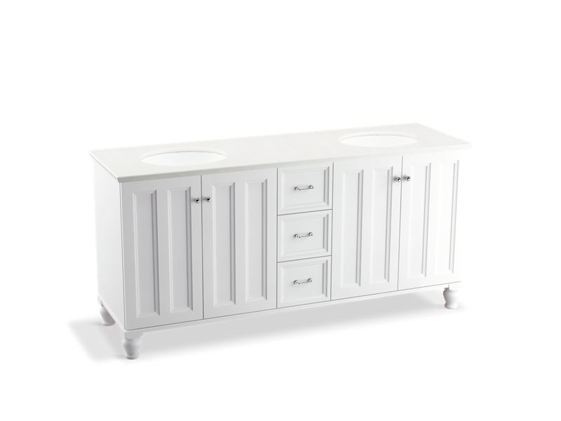 KOHLER K-99525-LGSD-1WA Damask 72" bathroom vanity cabinet with furniture legs, 4 doors and 3 drawers, split top drawer