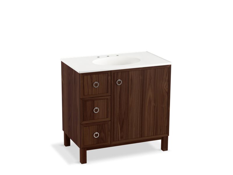 KOHLER K-99507-LGL-1WE Jacquard 36" bathroom vanity cabinet with furniture legs, 1 door and 3 drawers on left