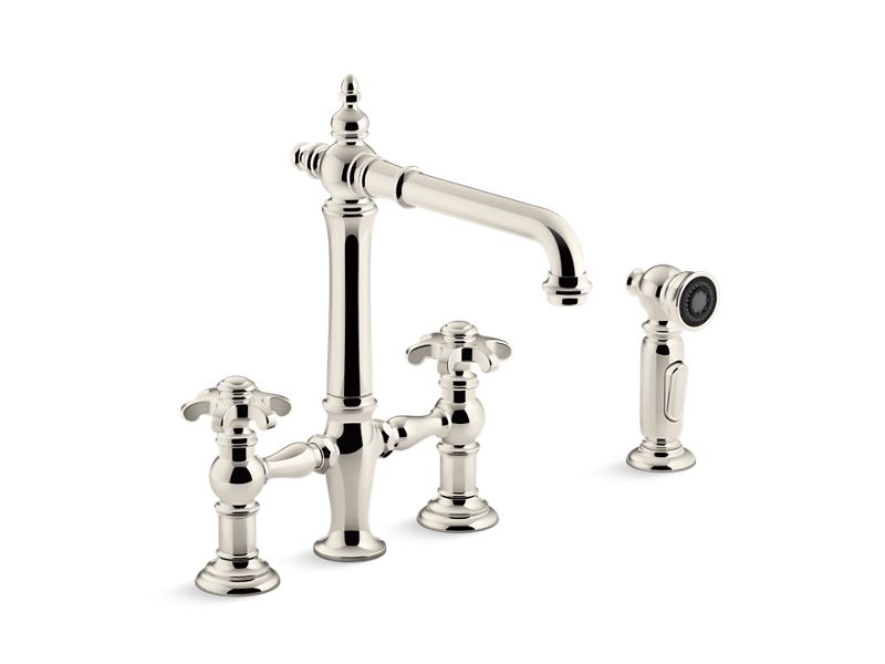 KOHLER K-76519-3M Artifacts deck-mount bridge kitchen sink faucet with prong handles and sidespray