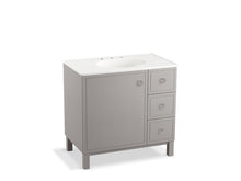 Load image into Gallery viewer, KOHLER K-99507-LGR-1WT Jacquard 36&amp;quot; bathroom vanity cabinet with furniture legs, 1 door and 3 drawers on right

