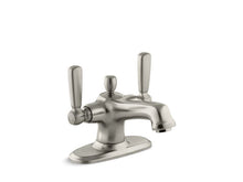 Load image into Gallery viewer, KOHLER K-10579-4 Bancroft Monoblock single-hole bathroom sink faucet with escutcheon and metal lever handles
