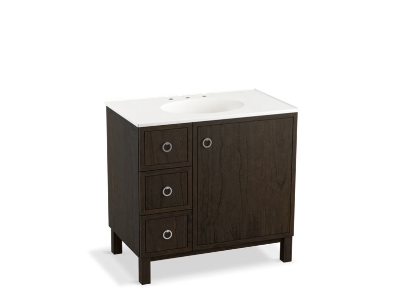 KOHLER K-99507-LGL-1WC Jacquard 36" bathroom vanity cabinet with furniture legs, 1 door and 3 drawers on left