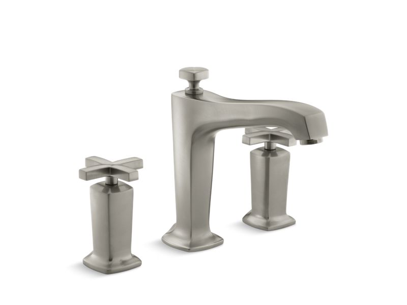 KOHLER Margaux Deck-Mount Bath Faucet Trim For High-Flow Valve With Diverter Spout And Cross Handles, Valve Not Included in Vibrant Brushed Nickel