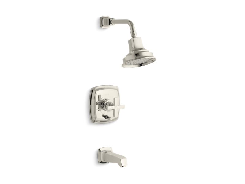 KOHLER T16233-3-SN Margaux Rite-Temp(R) Pressure-Balancing Bath And Shower Faucet Trim With Push-Button Diverter And Cross Handle, Valve Not Included in Vibrant Polished Nickel