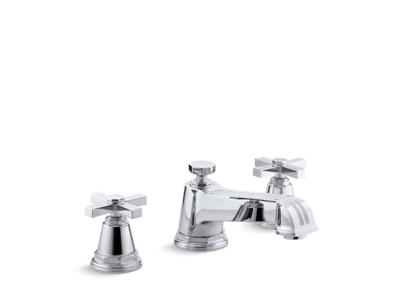 KOHLER T13140-3B-CP Pinstripe Deck-Mount Bath Faucet Trim For High-Flow Valve With Cross Handles, Valve Not Included in Polished Chrome