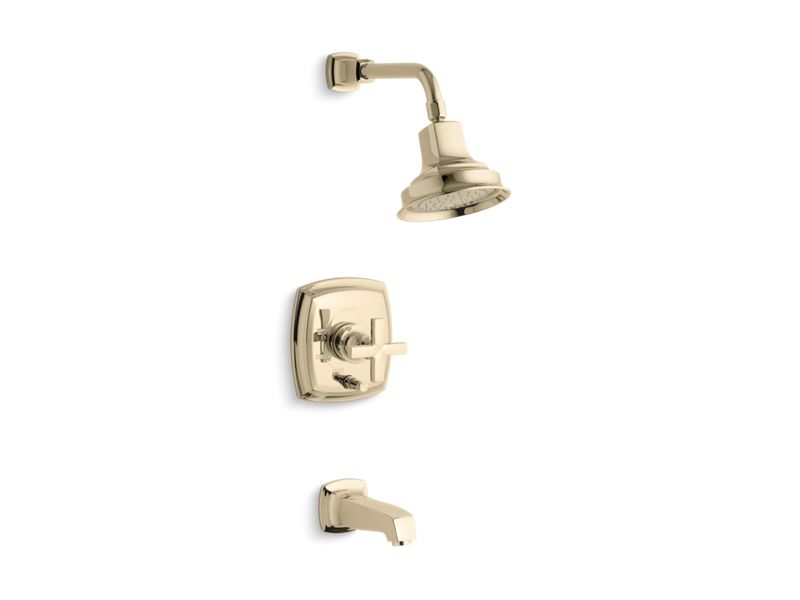 KOHLER T16233-3-AF Margaux Rite-Temp(R) Pressure-Balancing Bath And Shower Faucet Trim With Push-Button Diverter And Cross Handle, Valve Not Included in Vibrant French Gold
