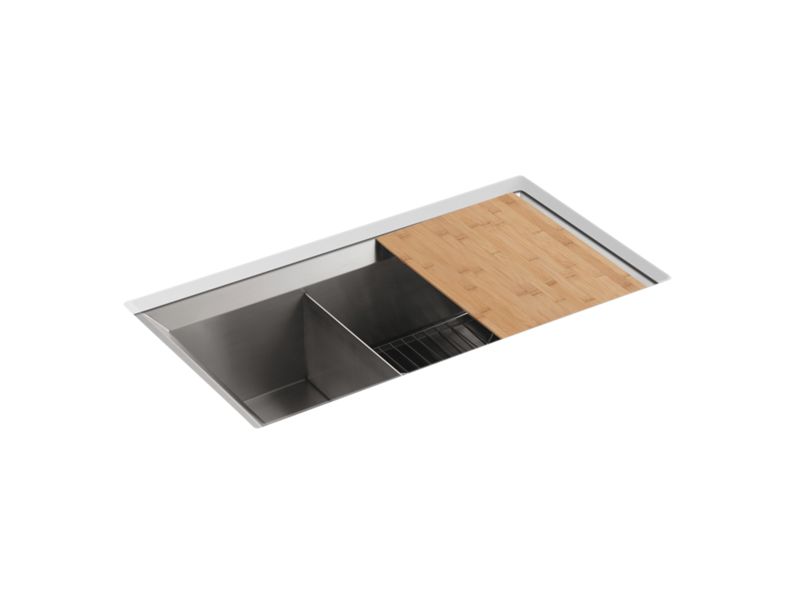 KOHLER 3160-NA Poise 33" X 18" X 9-1/2" Undermount Large/Medium Double-Bowl Kitchen Sink, Includes Cutting Board And Rack